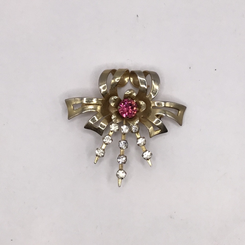 Vintage Pink Rhinestone Bow Ribbon Brooch/Pendant Earrings Set - Picture 4 of 10